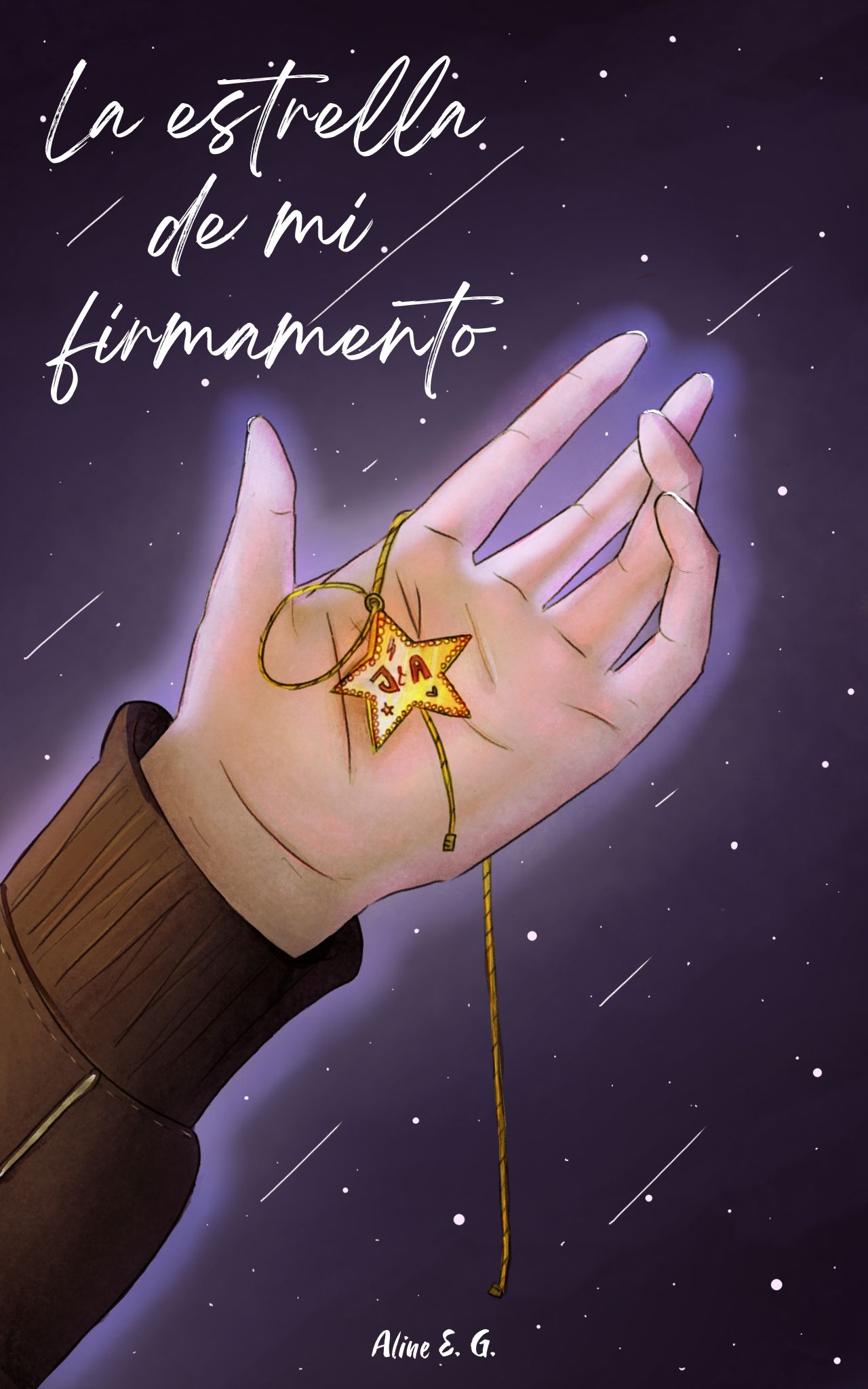Portada de la novelette La estrella de mi firmamento. En ella se observa una mano sosteniendo un colgante dorado en forma de estrella. El fondo también es oscuro y está estrellado.